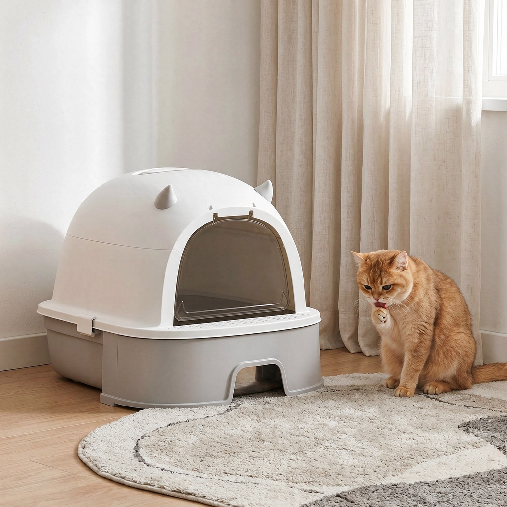 Gray Large Enclosed Stainless‑Steel Cat Litter Box with Slide‑Out Tray, Odor Control & Litter‑Tracking Reduction for Indoor Cats