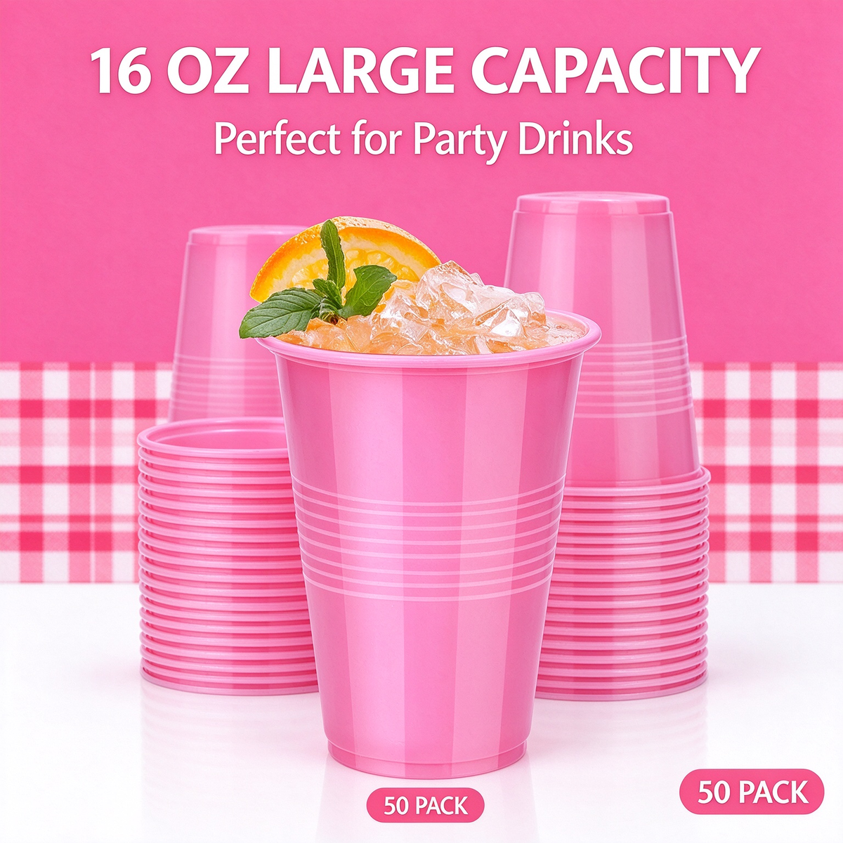 50-Pack 16oz Solid Pink Disposable Plastic Drinking Cups, Heavy Duty Party Drinkware for Birthday, Wedding, Baby Shower & Gender Reveal Parties