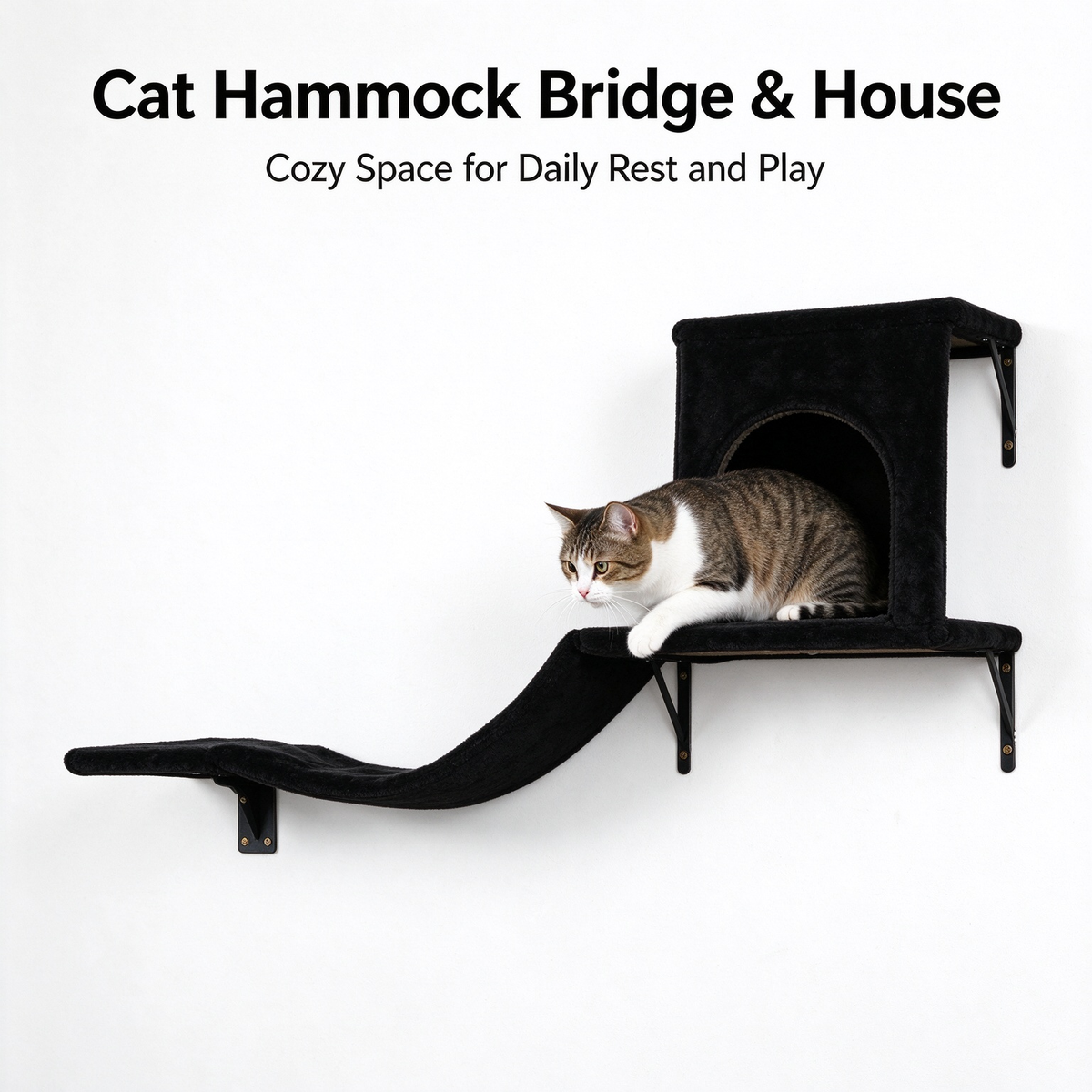 Wall Mounted Cat Tree Set, Wall Cat Shelves with Sisal Scratching Post & Toy Ball, Black Floating Cat Perch for Indoor Cats