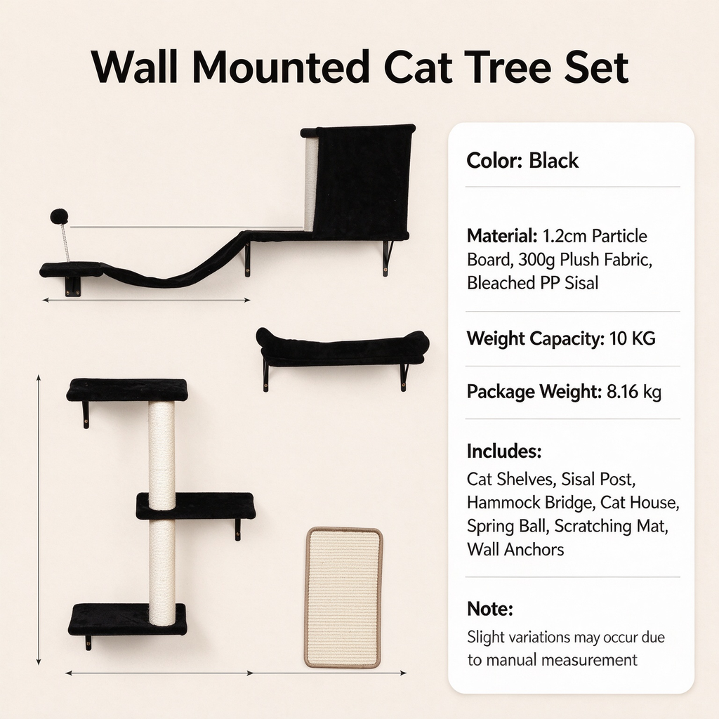 Wall Mounted Cat Tree Set, Wall Cat Shelves with Sisal Scratching Post & Toy Ball, Black Floating Cat Perch for Indoor Cats