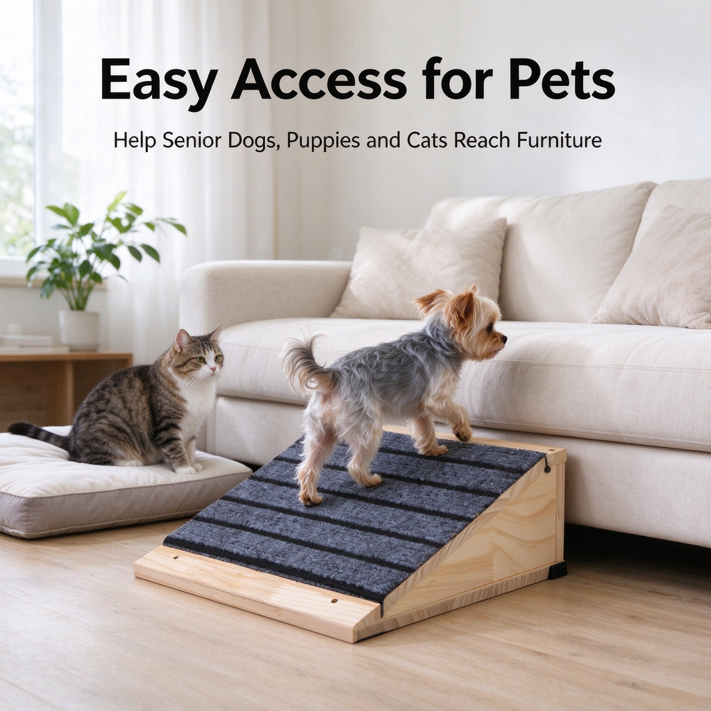 2 Pack Wooden Dog Ramp, Non-Slip Carpet Pet Stairs for Small & Senior Dogs, Natural Pine Wood Dog Steps for Bed & Couch