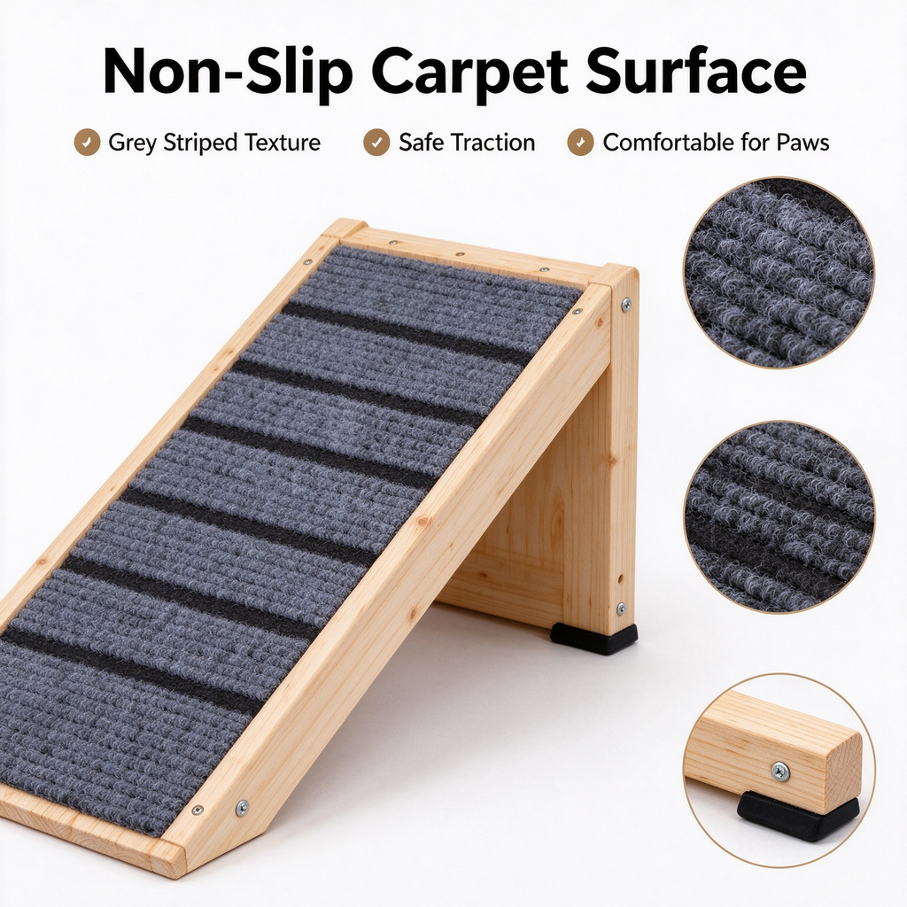 2 Pack Wooden Dog Ramp, Non-Slip Carpet Pet Stairs for Small & Senior Dogs, Natural Pine Wood Dog Steps for Bed & Couch