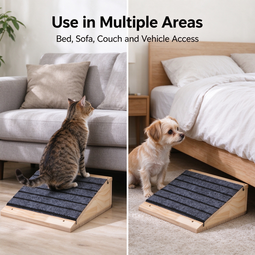 2 Pack Wooden Dog Ramp, Non-Slip Carpet Pet Stairs for Small & Senior Dogs, Natural Pine Wood Dog Steps for Bed & Couch