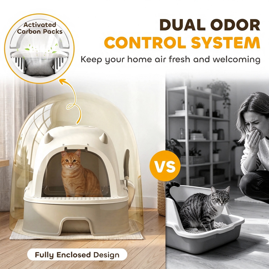 Gray Large Enclosed Stainless‑Steel Cat Litter Box with Slide‑Out Tray, Odor Control & Litter‑Tracking Reduction for Indoor Cats