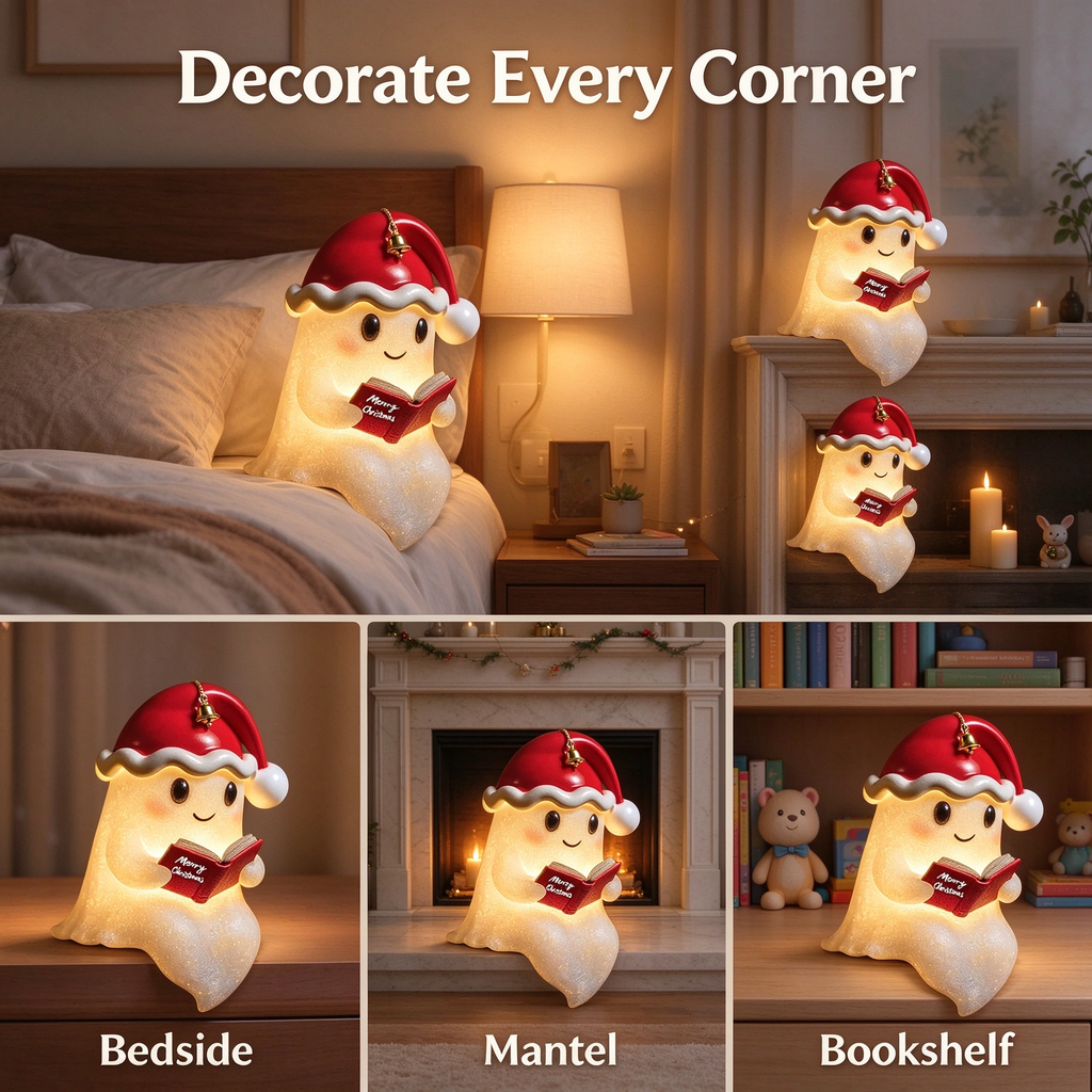 Ghost Reading Book LED Night Light with Christmas Hat, Resin Light-Up Figurine, Indoor Seasonal Tabletop Decor for Mantel, Shelf & Bedroom