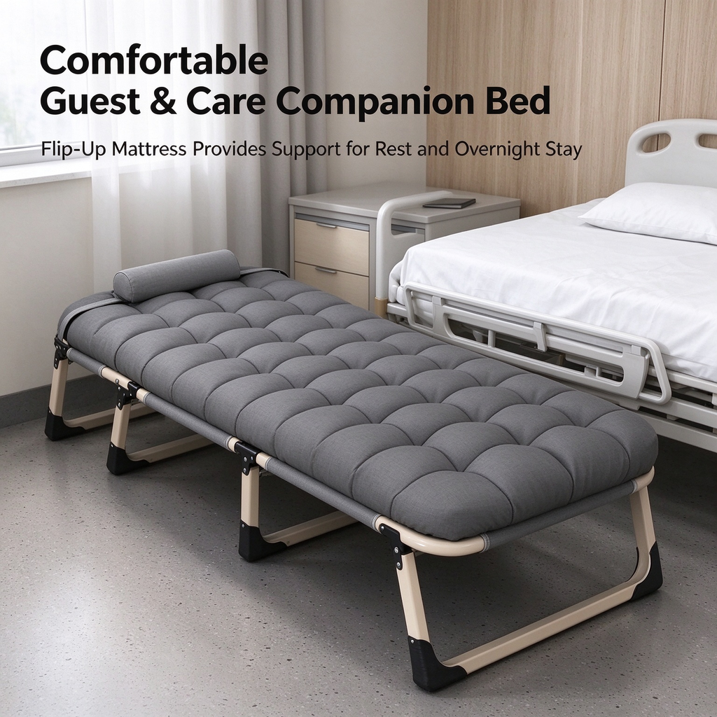 Heavy Duty Folding Camping Bed with Flip-Up Mattress Included, Portable Guest Bed for Adults & Teens, Travel Garden Balcony Camping Cot