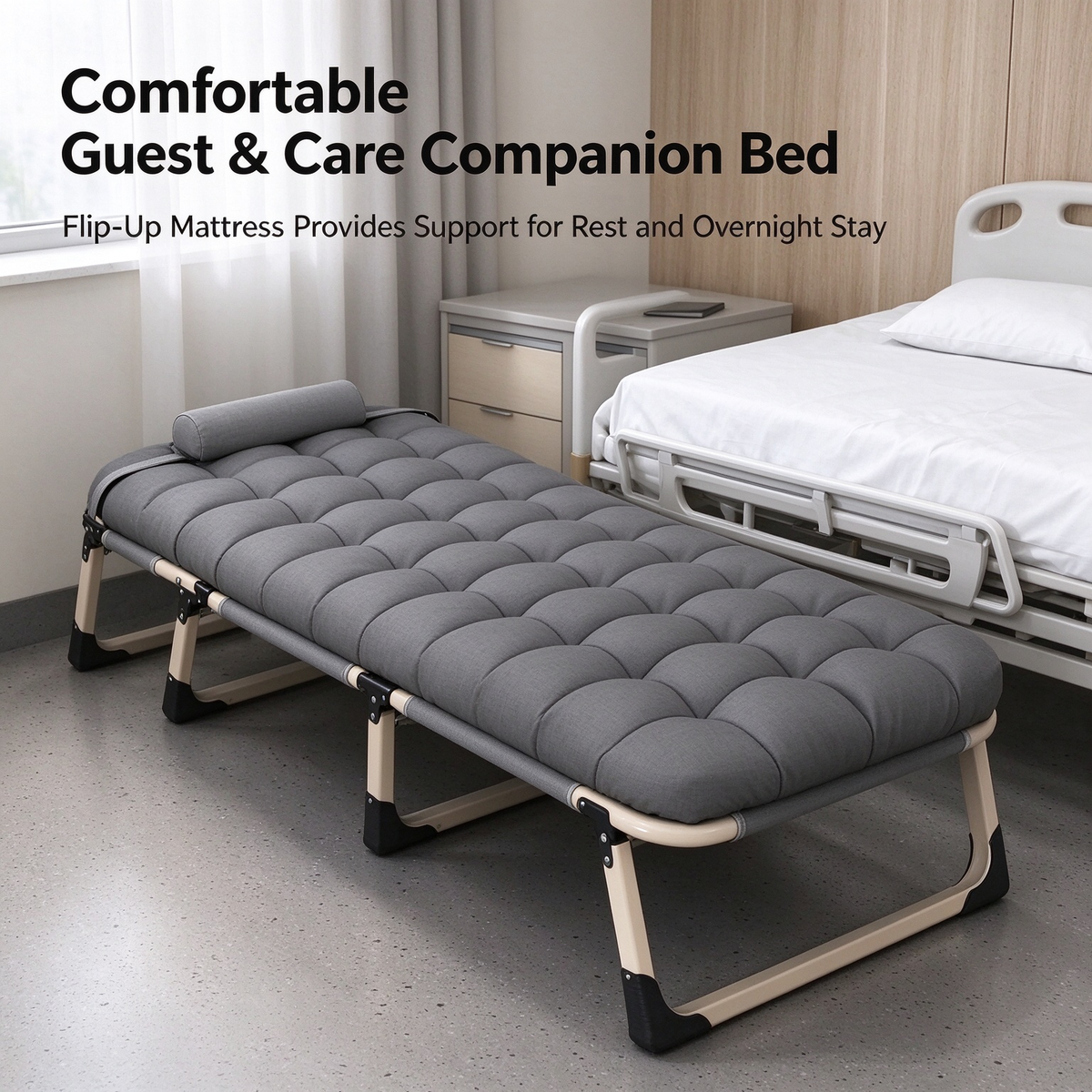 Heavy Duty Folding Camping Bed with Flip-Up Mattress Included, Portable Guest Bed for Adults & Teens, Travel Garden Balcony Camping Cot