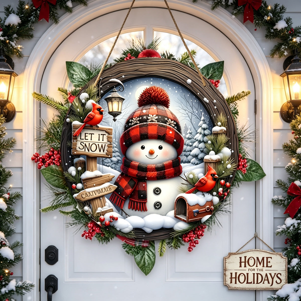 Christmas Snowman Wreath for Front Door, Let It Snow Winter Holiday Decor with Cardinals, Pine Cones, Berries & Warm Festive Charm for Home, Porch