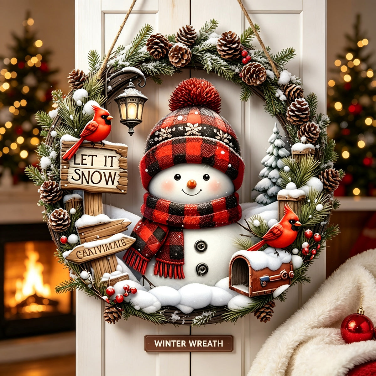 Christmas Snowman Wreath for Front Door, Let It Snow Winter Holiday Decor with Cardinals, Pine Cones, Berries & Warm Festive Charm for Home, Porch