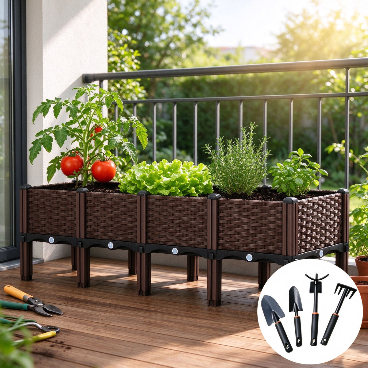 Set of 4 Raised Garden Bed with Legs Outdoor, Planter Raised Beds Kits with Drain Holes, Fruit Flowers Vegetables Standing Box for Patio Deck Porch Backyard