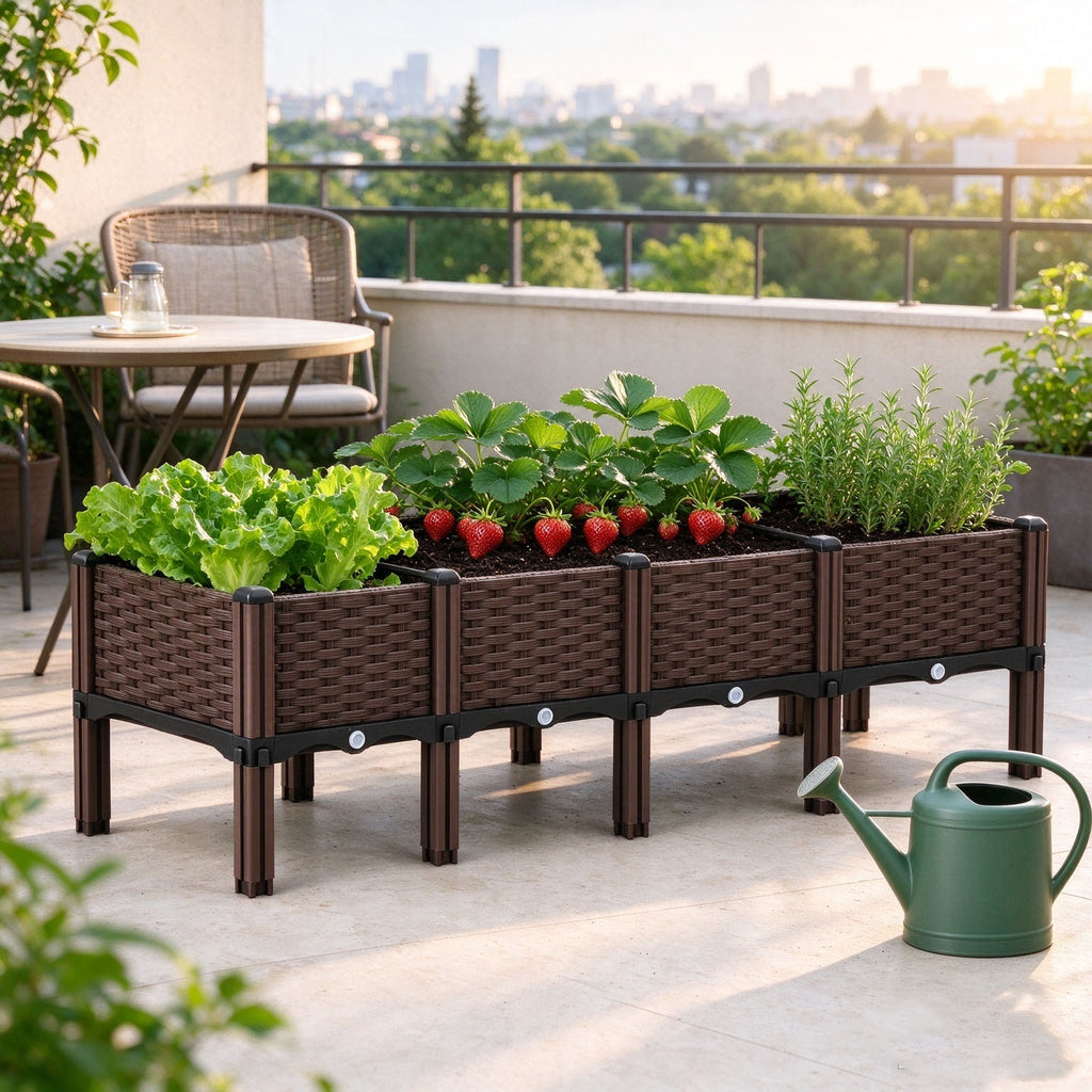 Set of 4 Raised Garden Bed with Legs Outdoor, Planter Raised Beds Kits with Drain Holes, Fruit Flowers Vegetables Standing Box for Patio Deck Porch Backyard
