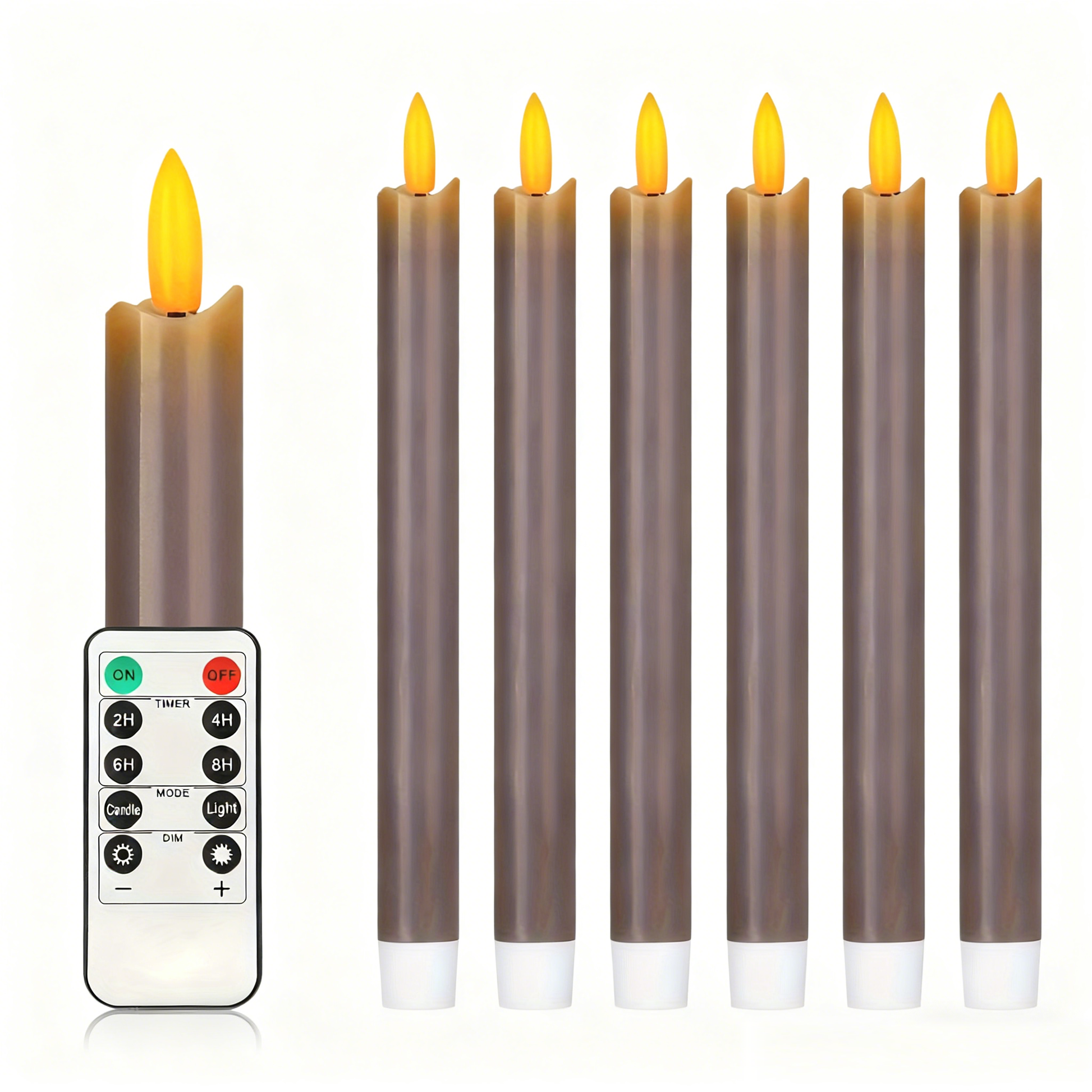Flameless Gray Taper Candles Flickering with 10-Key Remote, LED Warm 3D Wick Light Window Candles Real Wax Pack of 6, Christmas Home Wedding Decor