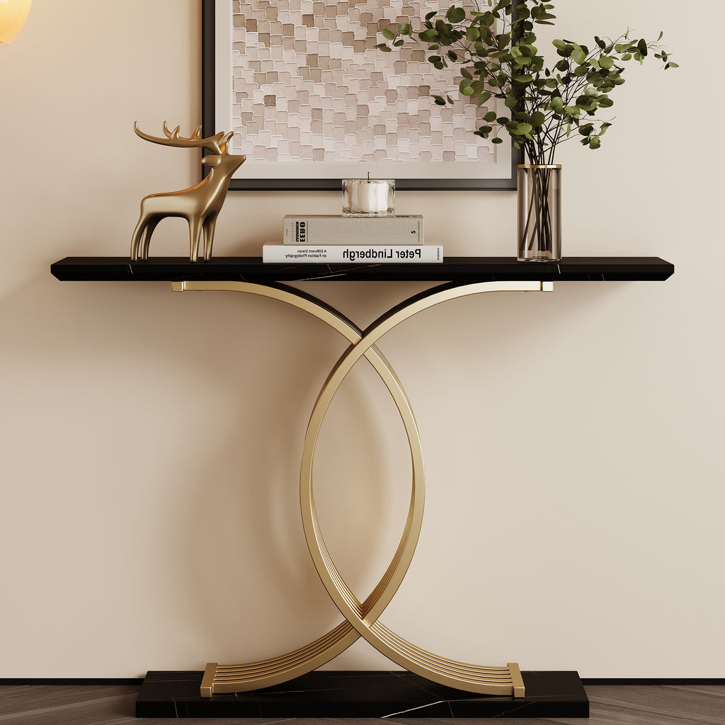 AEELLEEA 43.3 in Console Table, Black Marble-Look MDF Top with Gold Intertwined Metal Base, Narrow Entryway Accent Table