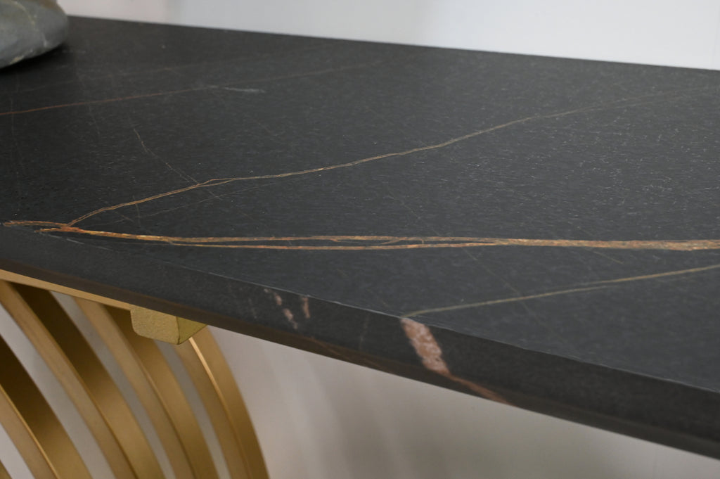 AEELLEEA 43.3 in Console Table, Black Marble-Look MDF Top with Gold Intertwined Metal Base, Narrow Entryway Accent Table