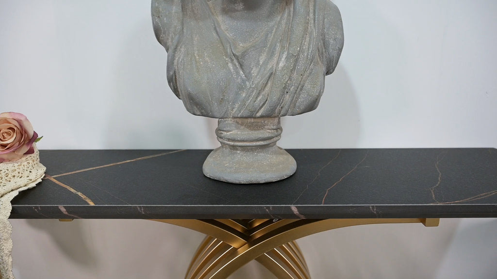AEELLEEA 43.3 in Console Table, Black Marble-Look MDF Top with Gold Intertwined Metal Base, Narrow Entryway Accent Table