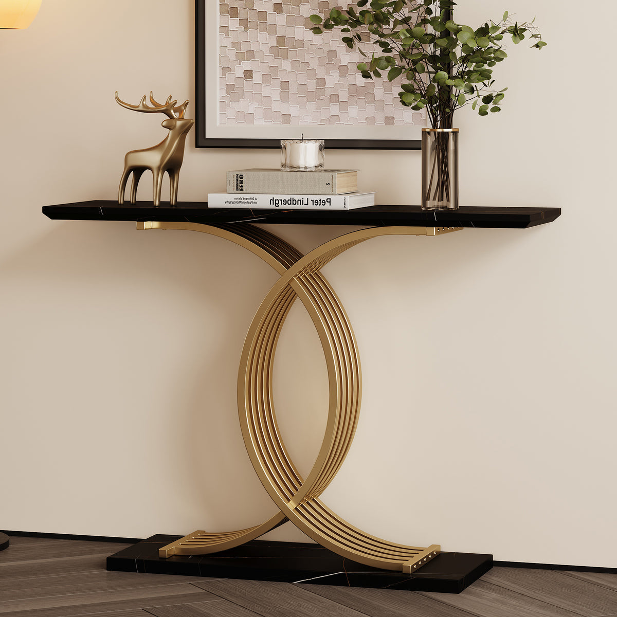 AEELLEEA 43.3 in Console Table, Black Marble-Look MDF Top with Gold Intertwined Metal Base, Narrow Entryway Accent Table