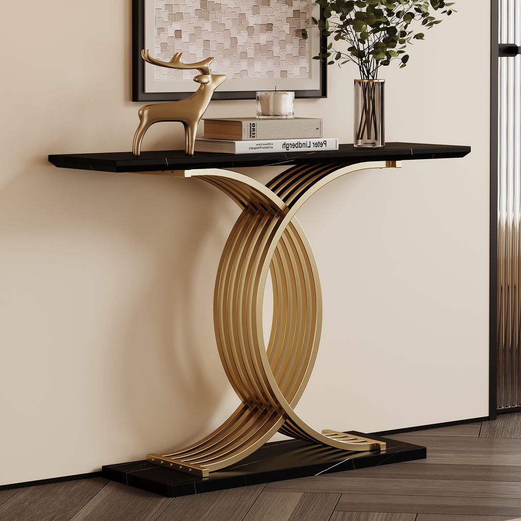 AEELLEEA 43.3 in Console Table, Black Marble-Look MDF Top with Gold Intertwined Metal Base, Narrow Entryway Accent Table