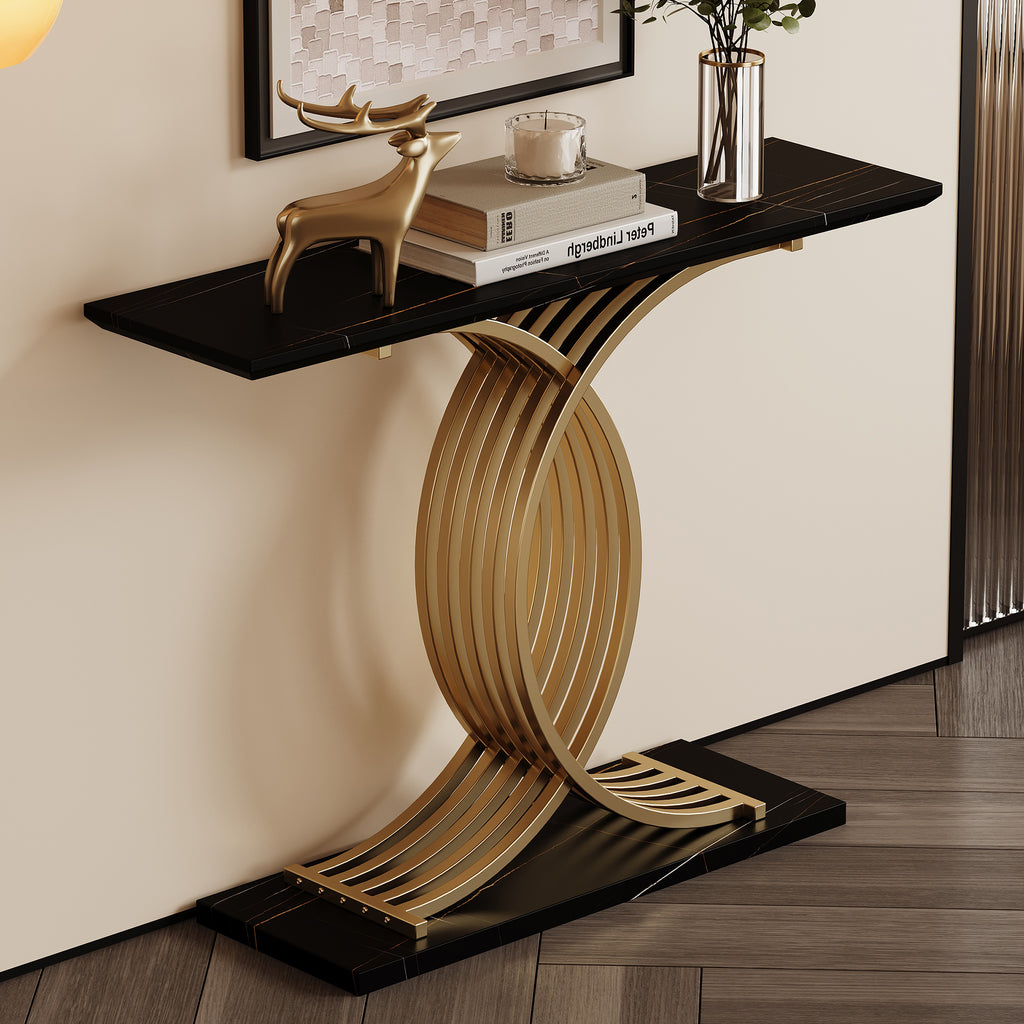 AEELLEEA 43.3 in Console Table, Black Marble-Look MDF Top with Gold Intertwined Metal Base, Narrow Entryway Accent Table