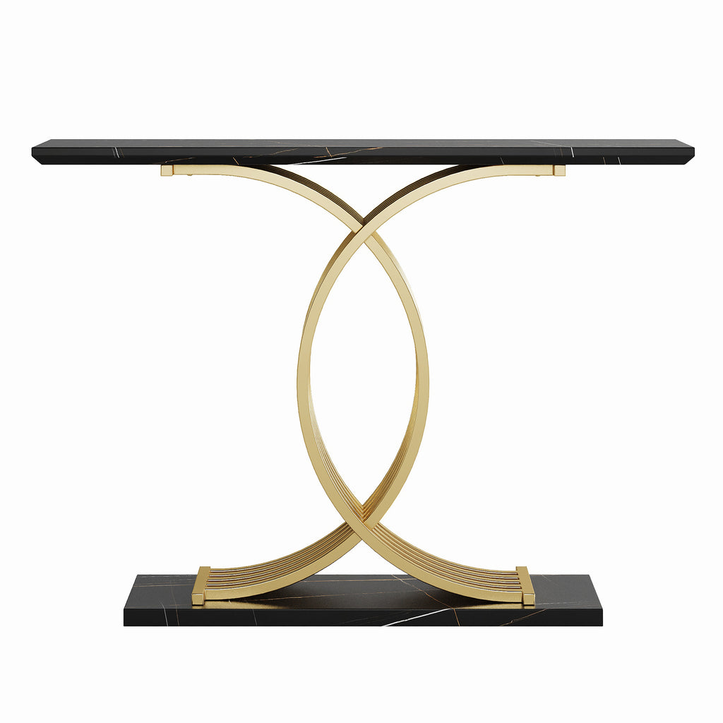 AEELLEEA 43.3 in Console Table, Black Marble-Look MDF Top with Gold Intertwined Metal Base, Narrow Entryway Accent Table