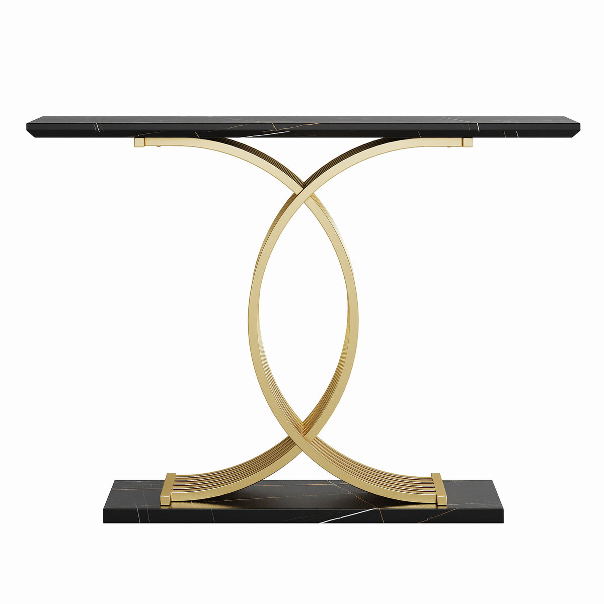AEELLEEA 43.3 in Console Table, Black Marble-Look MDF Top with Gold Intertwined Metal Base, Narrow Entryway Accent Table