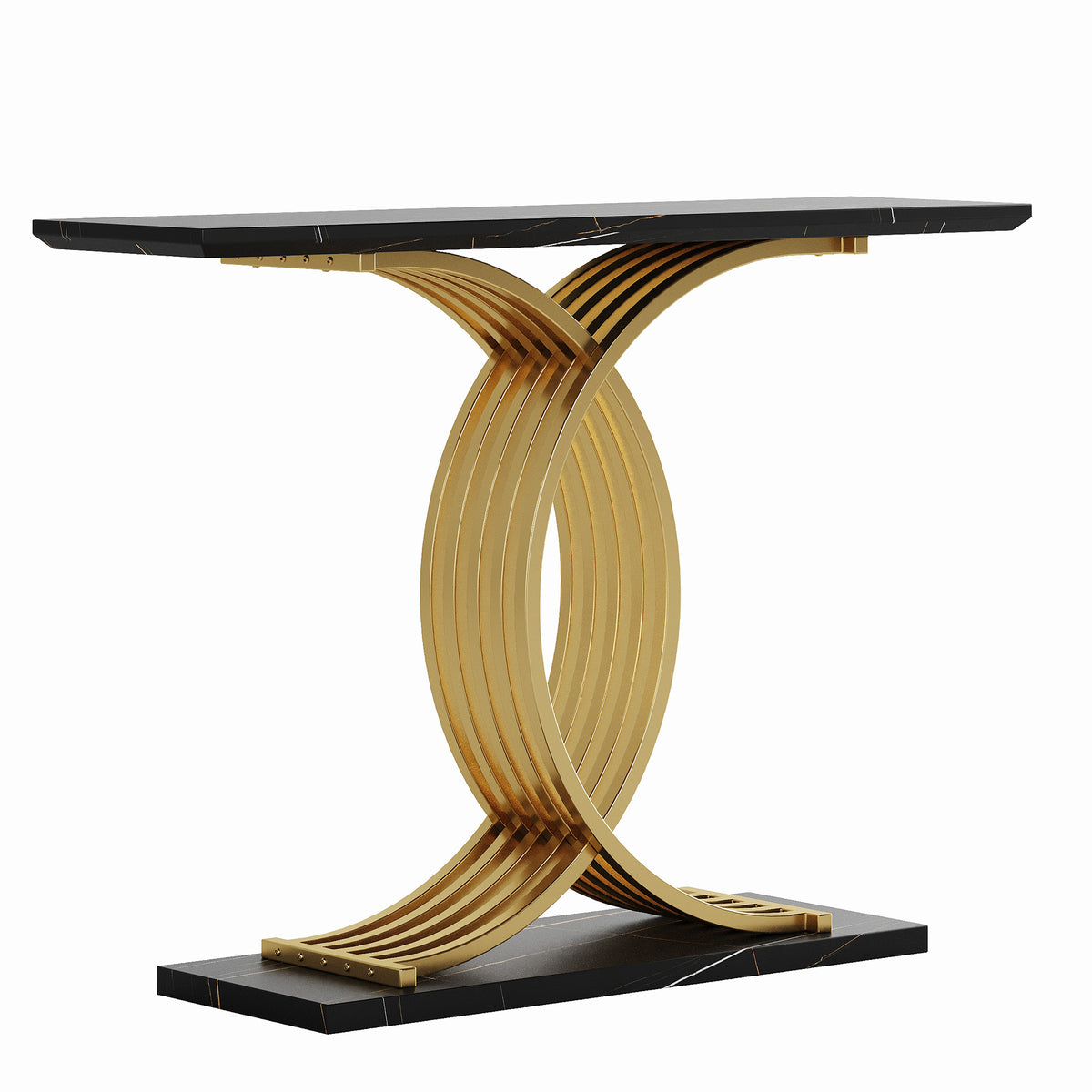 AEELLEEA 43.3 in Console Table, Black Marble-Look MDF Top with Gold Intertwined Metal Base, Narrow Entryway Accent Table