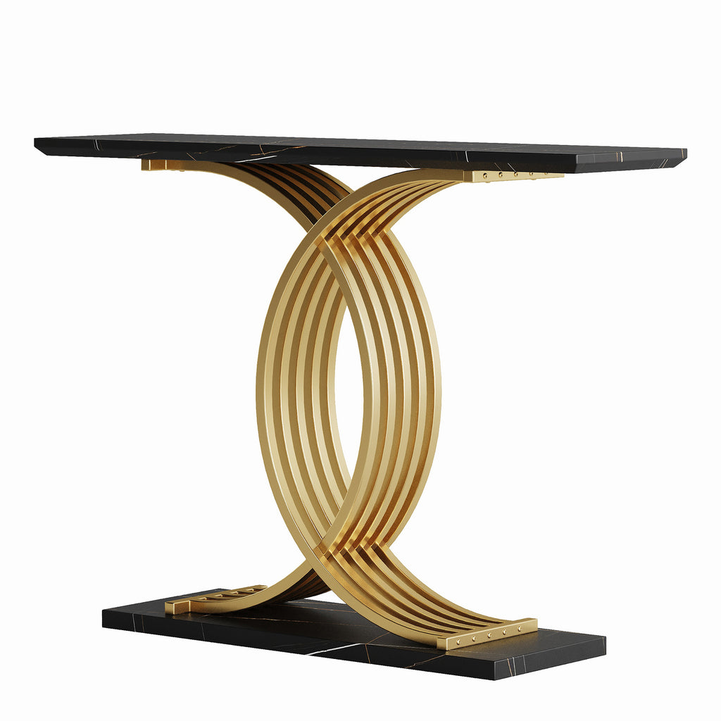 AEELLEEA 43.3 in Console Table, Black Marble-Look MDF Top with Gold Intertwined Metal Base, Narrow Entryway Accent Table