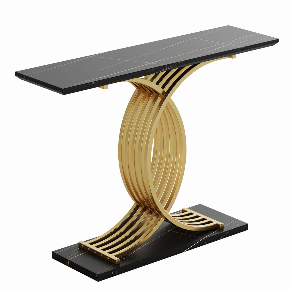 AEELLEEA 43.3 in Console Table, Black Marble-Look MDF Top with Gold Intertwined Metal Base, Narrow Entryway Accent Table