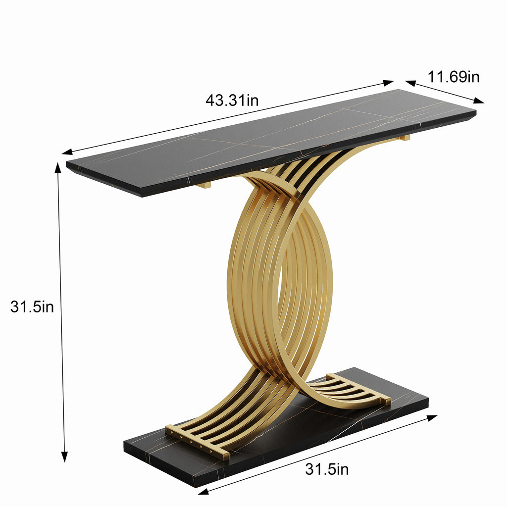 AEELLEEA 43.3 in Console Table, Black Marble-Look MDF Top with Gold Intertwined Metal Base, Narrow Entryway Accent Table