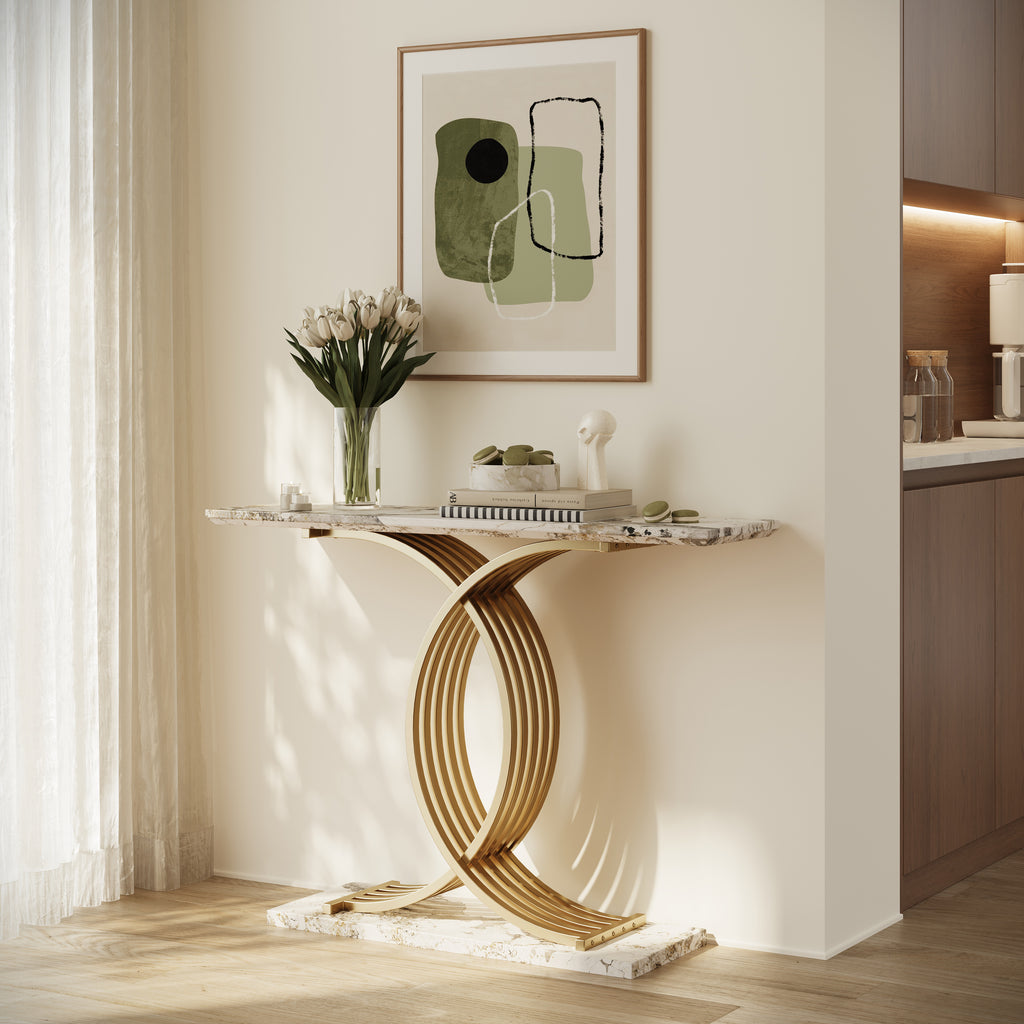 AEELLEEA 43.3 in Console Table, White Stone-Look MDF Top with Gold Intertwined Iron Base, Narrow Entryway Accent Table
