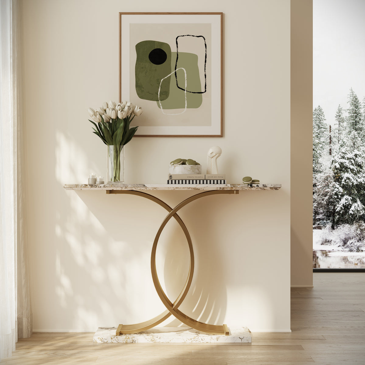 AEELLEEA 43.3 in Console Table, White Stone-Look MDF Top with Gold Intertwined Iron Base, Narrow Entryway Accent Table