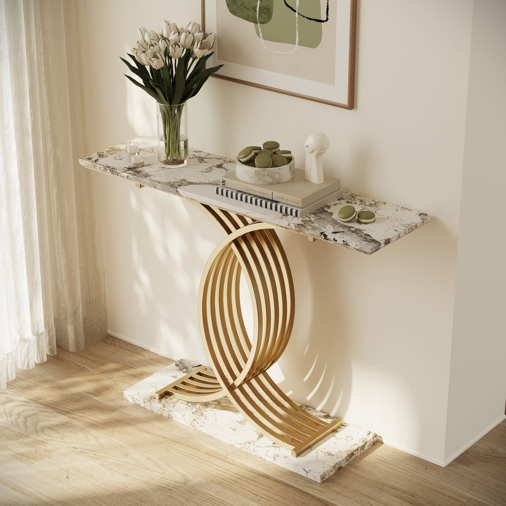 AEELLEEA 43.3 in Console Table, White Stone-Look MDF Top with Gold Intertwined Iron Base, Narrow Entryway Accent Table
