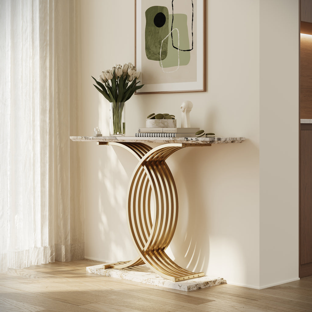 AEELLEEA 43.3 in Console Table, White Stone-Look MDF Top with Gold Intertwined Iron Base, Narrow Entryway Accent Table