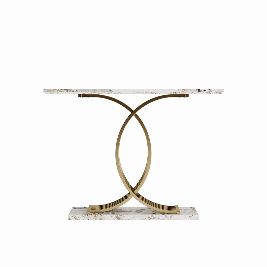AEELLEEA 43.3 in Console Table, White Stone-Look MDF Top with Gold Intertwined Iron Base, Narrow Entryway Accent Table