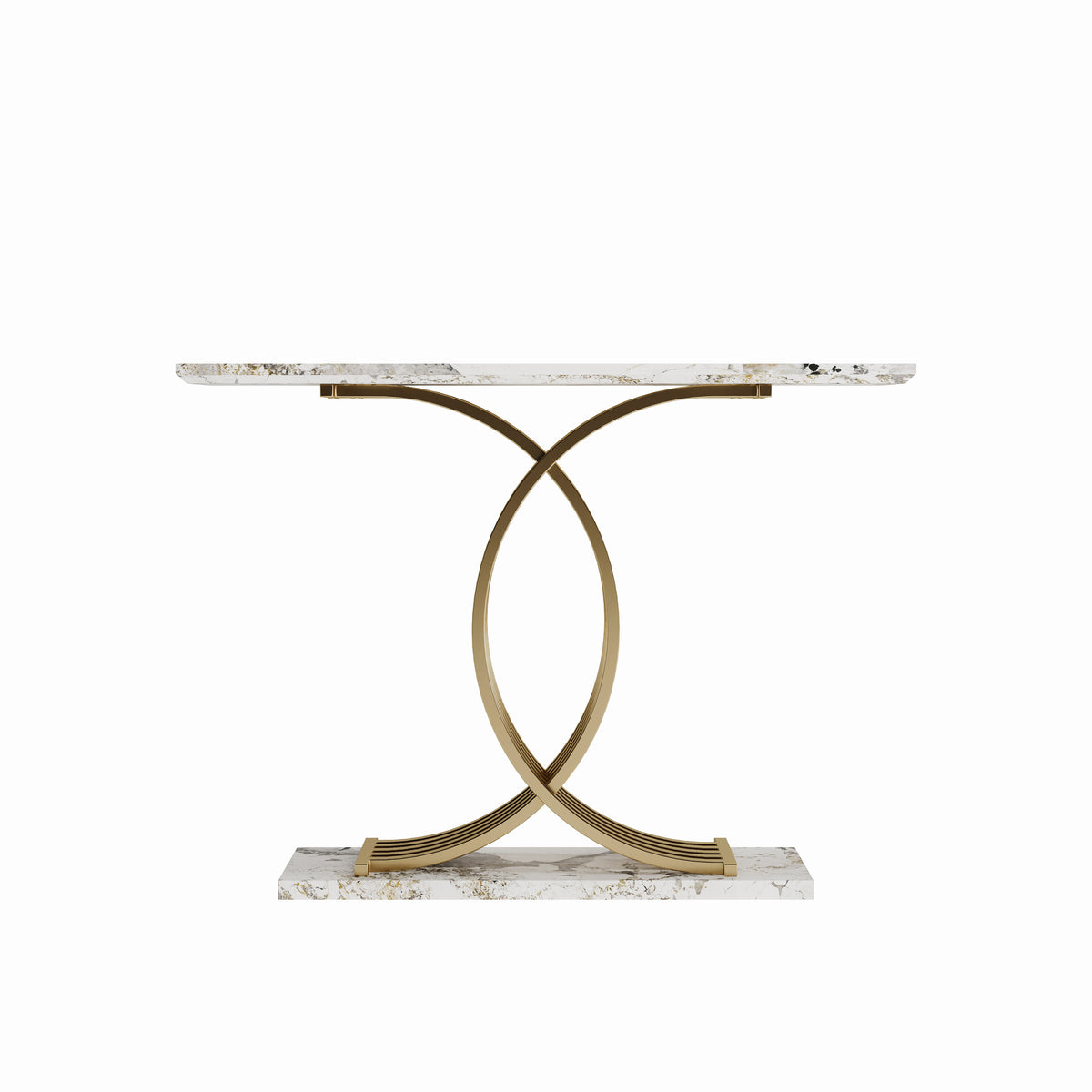 AEELLEEA 43.3 in Console Table, White Stone-Look MDF Top with Gold Intertwined Iron Base, Narrow Entryway Accent Table