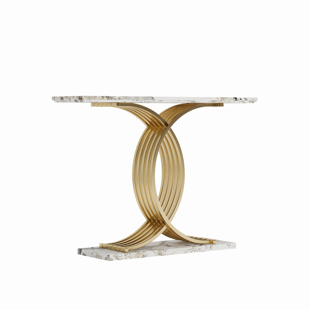 AEELLEEA 43.3 in Console Table, White Stone-Look MDF Top with Gold Intertwined Iron Base, Narrow Entryway Accent Table