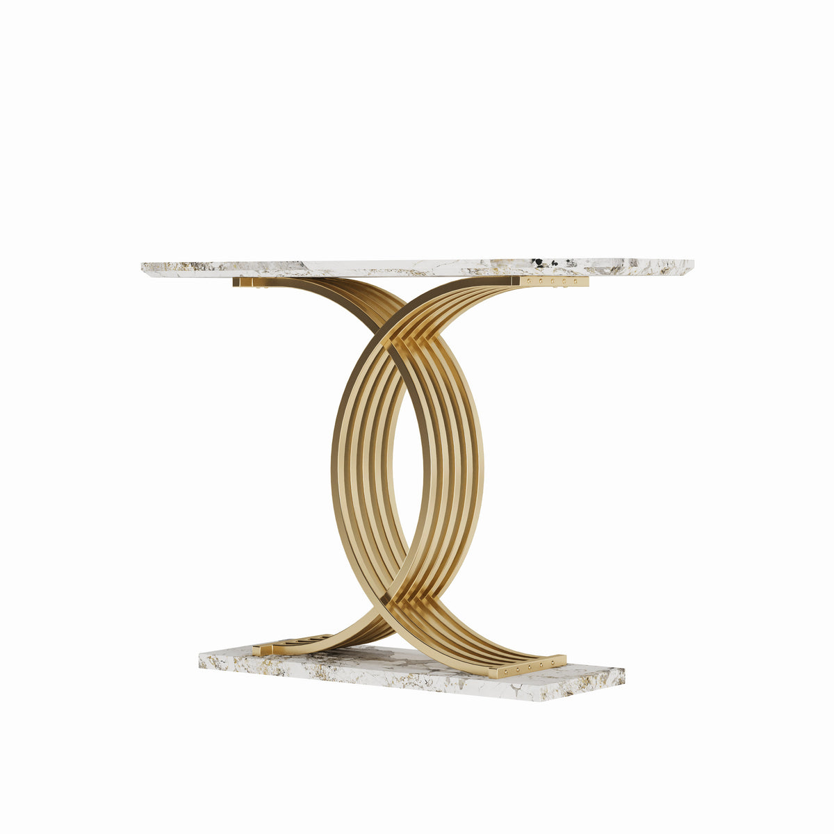 AEELLEEA 43.3 in Console Table, White Stone-Look MDF Top with Gold Intertwined Iron Base, Narrow Entryway Accent Table