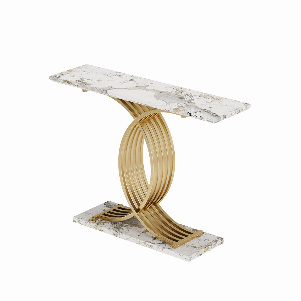 AEELLEEA 43.3 in Console Table, White Stone-Look MDF Top with Gold Intertwined Iron Base, Narrow Entryway Accent Table