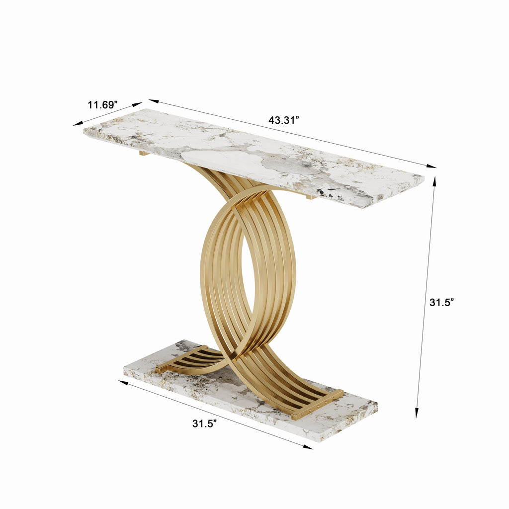 AEELLEEA 43.3 in Console Table, White Stone-Look MDF Top with Gold Intertwined Iron Base, Narrow Entryway Accent Table