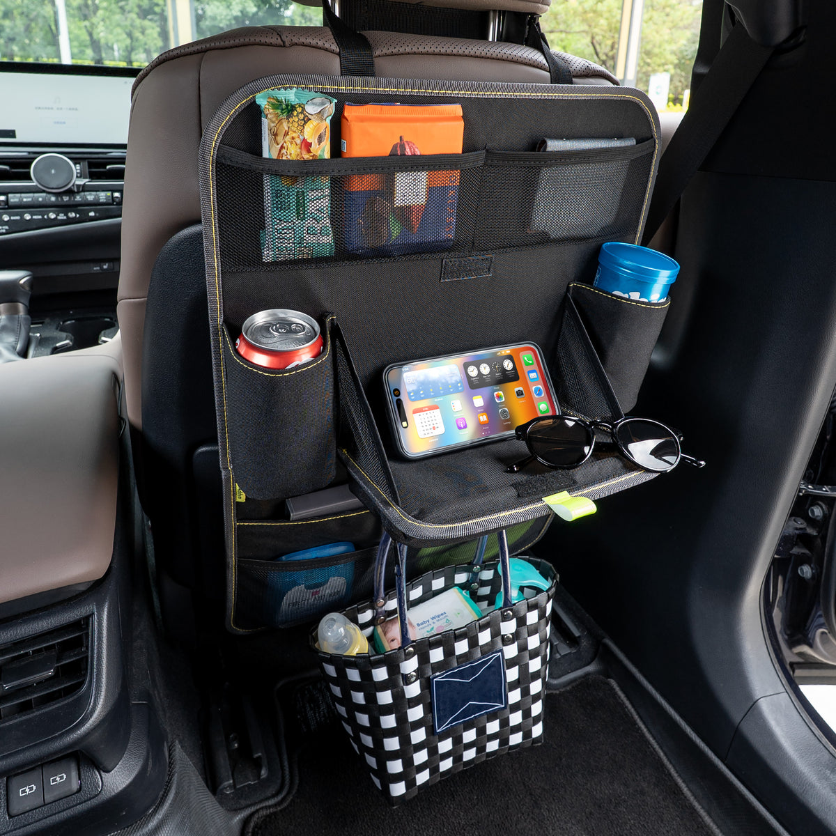 Car Back Seat Organizer with Foldable Tray Table, Multifunctional Seat Back Storage Organizer with Tablet Holder, Travel Storage for Cars, SUVs and Trucks, Black