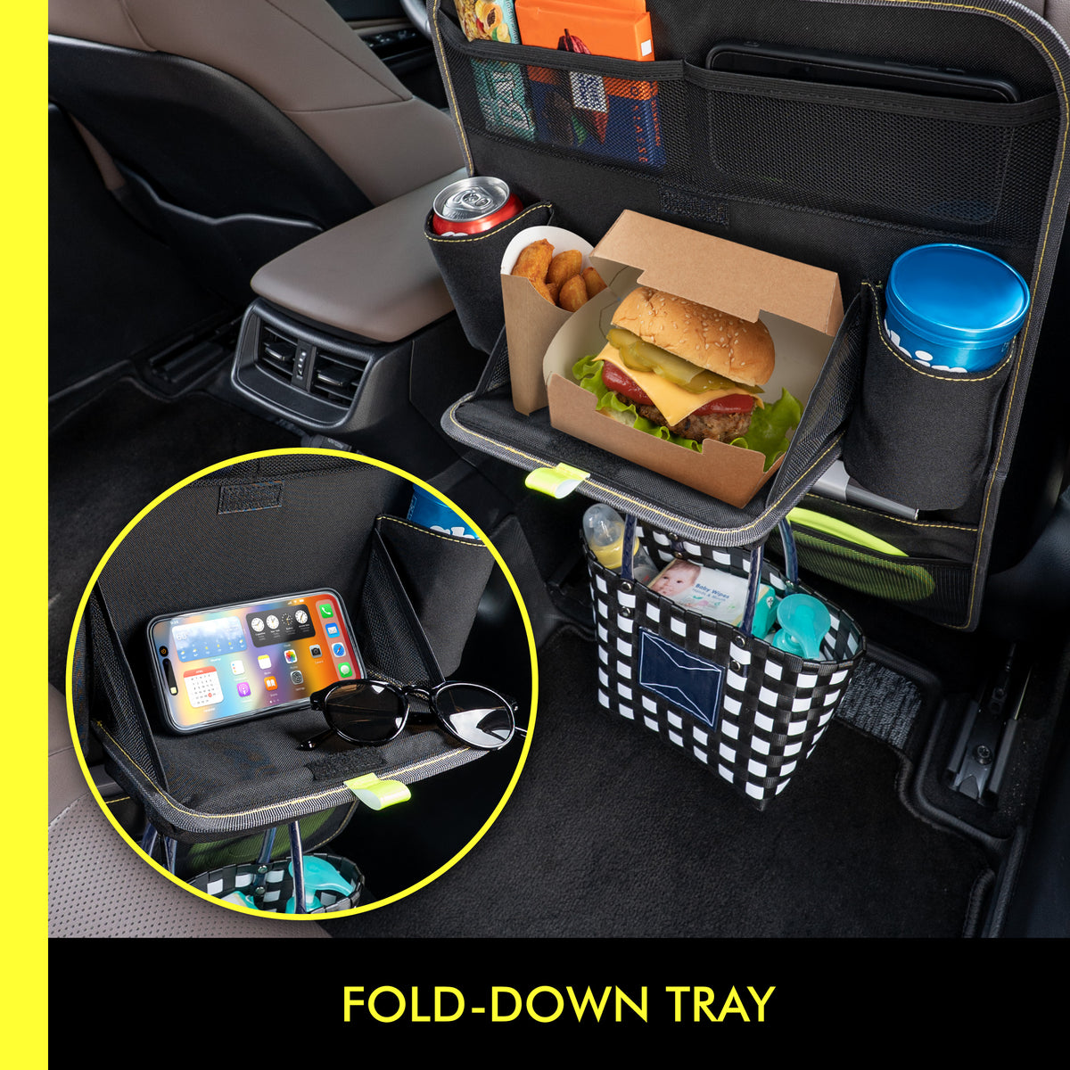 Car Back Seat Organizer with Foldable Tray Table, Multifunctional Seat Back Storage Organizer with Tablet Holder, Travel Storage for Cars, SUVs and Trucks, Black