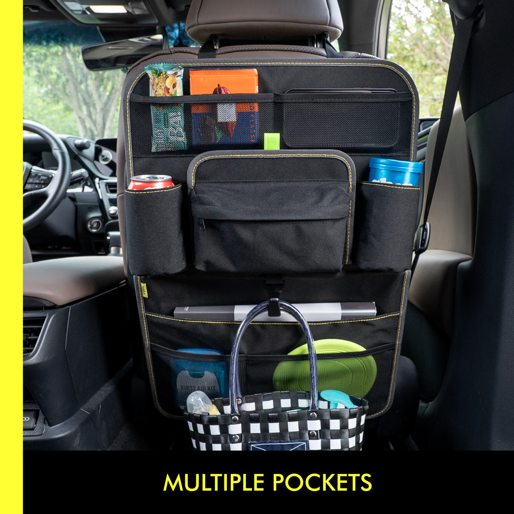 Car Back Seat Organizer with Foldable Tray Table, Multifunctional Seat Back Storage Organizer with Tablet Holder, Travel Storage for Cars, SUVs and Trucks, Black