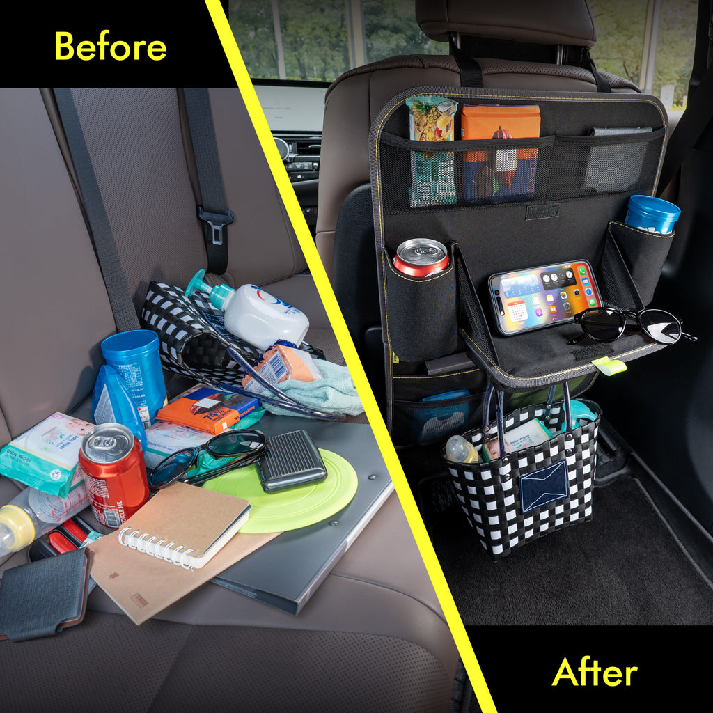 Car Back Seat Organizer with Foldable Tray Table, Multifunctional Seat Back Storage Organizer with Tablet Holder, Travel Storage for Cars, SUVs and Trucks, Black
