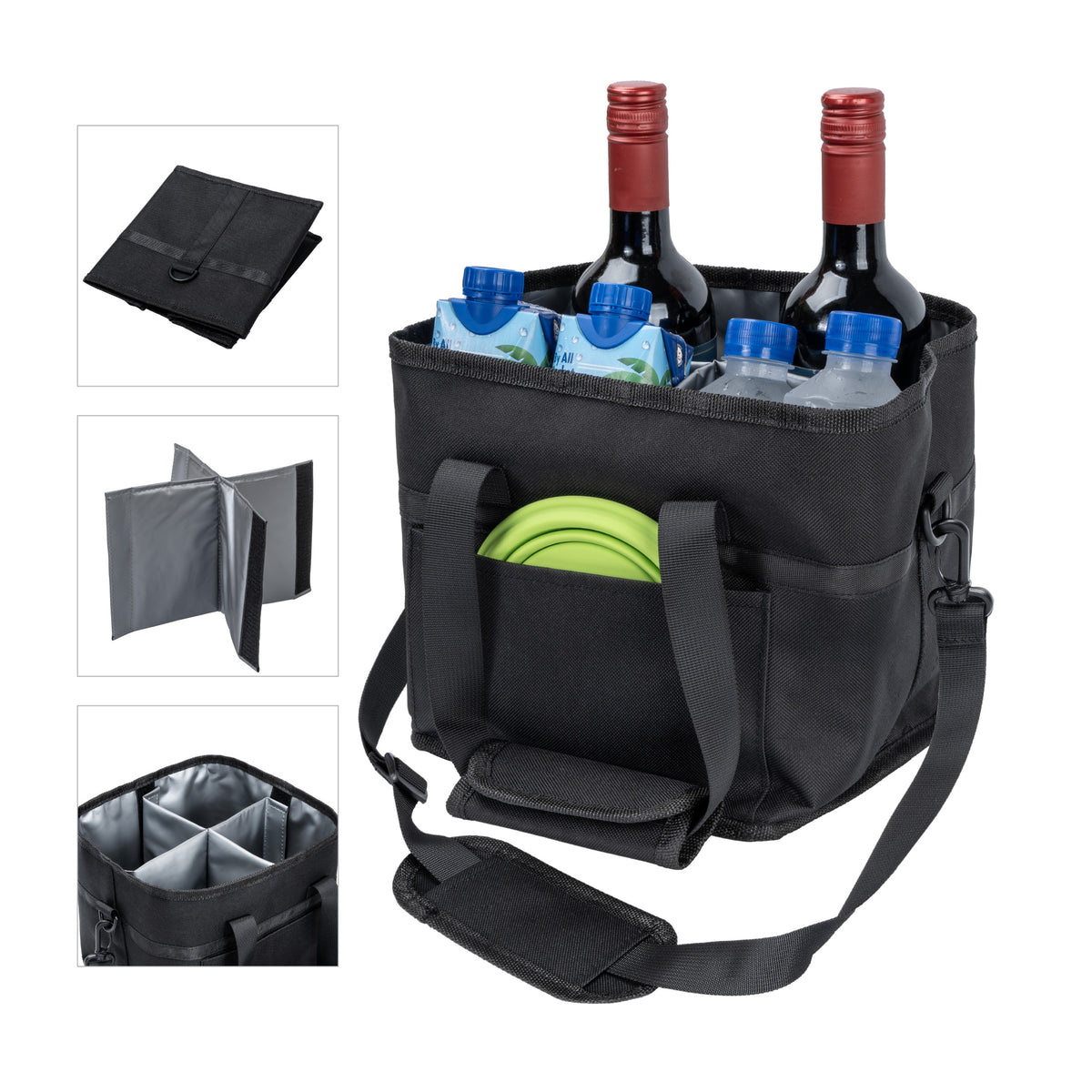 Insulated Drink Carrier Bag with 4 Compartments, Family Size Drink Holder Tote, Leakproof Base, Adjustable Shoulder Strap, Foldable Drink Caddy for Travel, Sports & Outdoor Activities