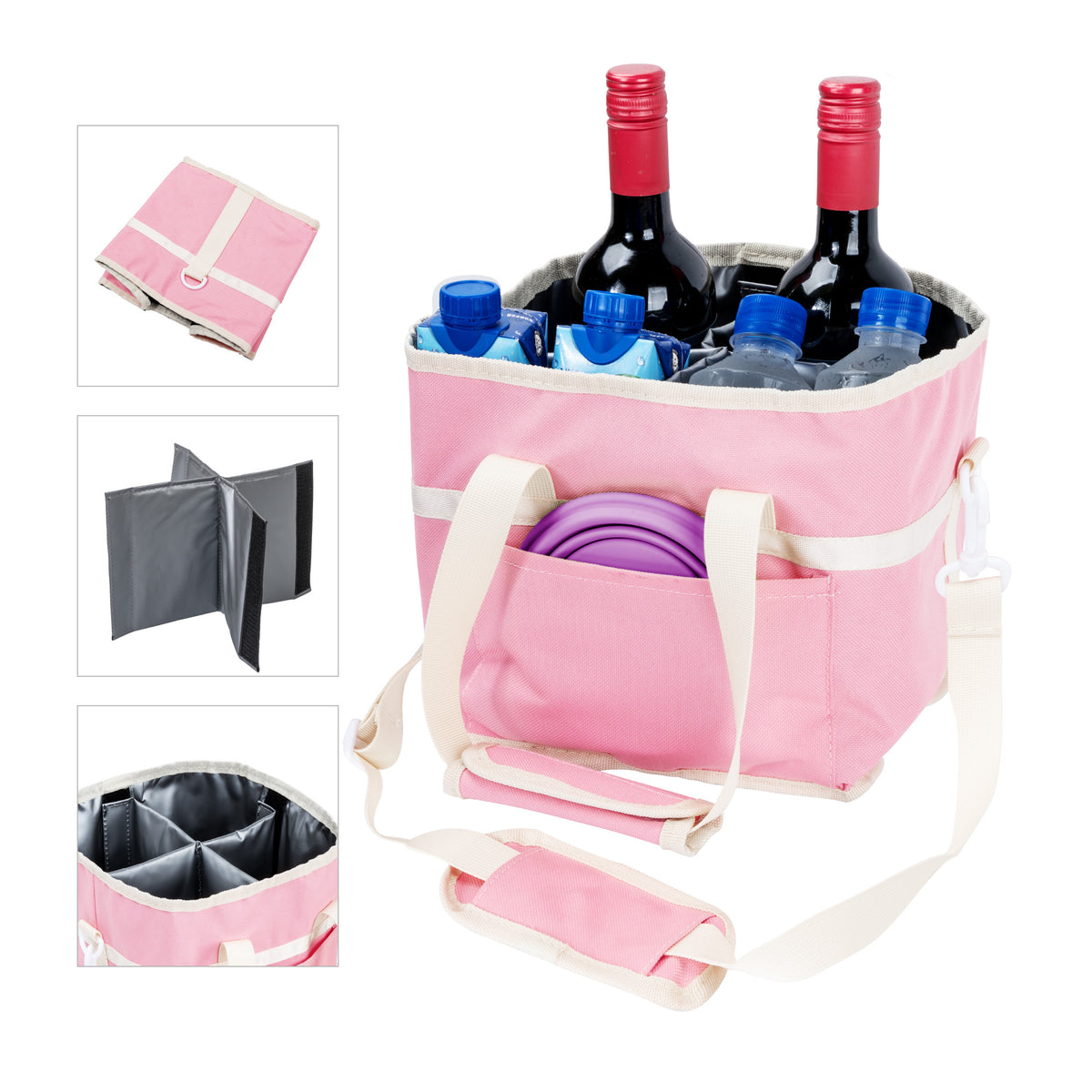 Insulated Drink Carrier Bag with 4 Compartments, Family Size Drink Holder Tote, Leakproof Base, Adjustable Shoulder Strap, Foldable Drink Caddy for Travel, Sports & Outdoor Activities