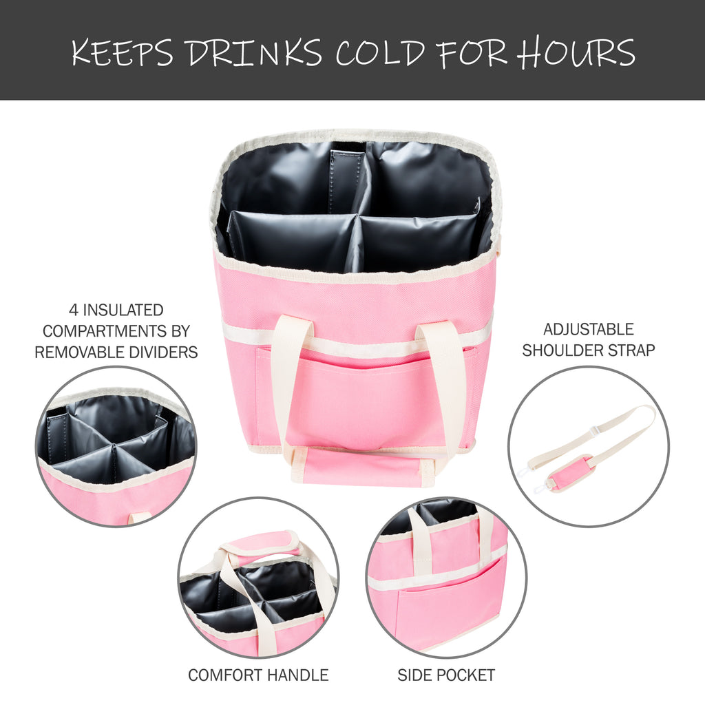 Insulated Drink Carrier Bag with 4 Compartments, Family Size Drink Holder Tote, Leakproof Base, Adjustable Shoulder Strap, Foldable Drink Caddy for Travel, Sports & Outdoor Activities
