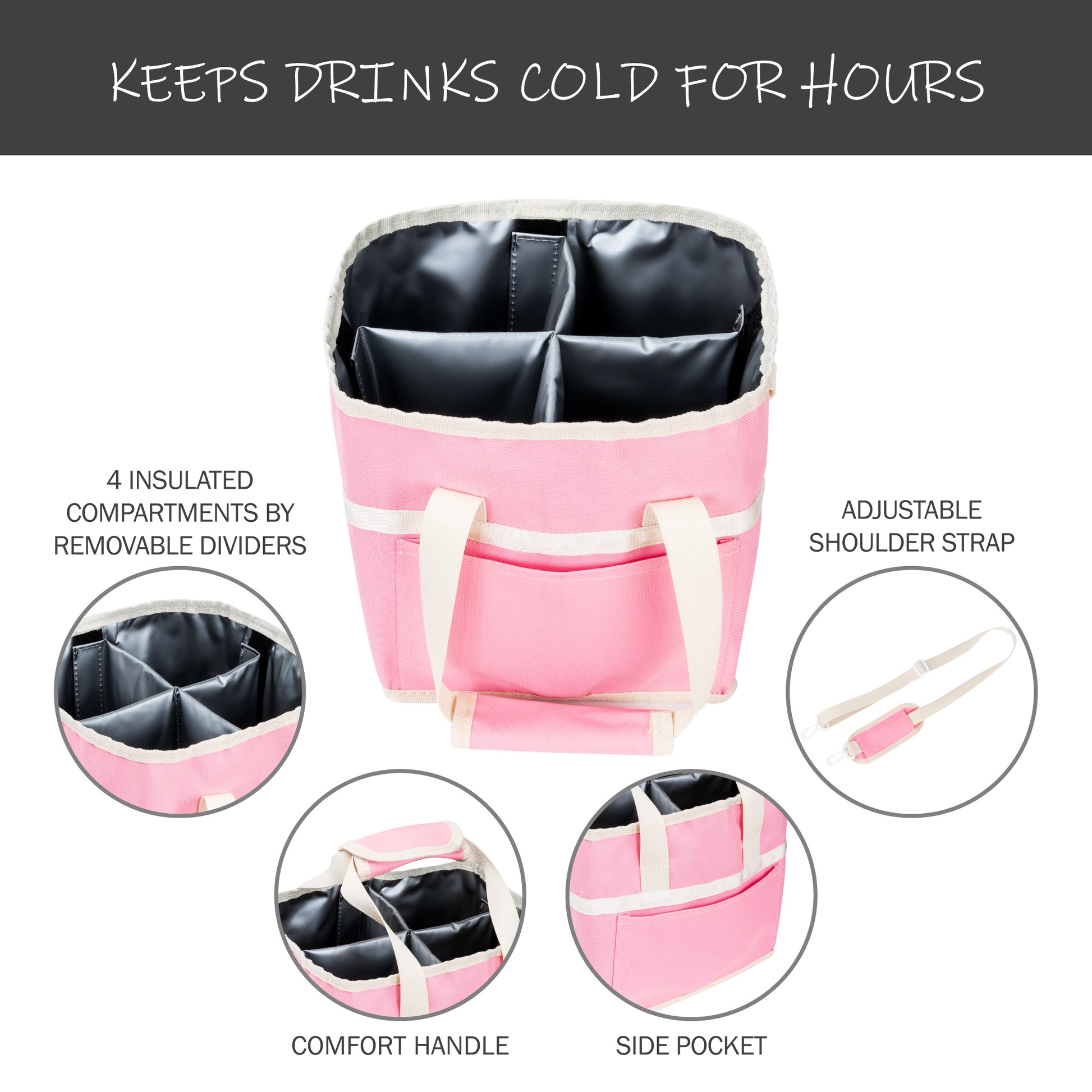 Insulated Drink Carrier Bag with 4 Compartments, Family Size Drink Holder Tote, Leakproof Base, Adjustable Shoulder Strap, Foldable Drink Caddy for Travel, Sports & Outdoor Activities
