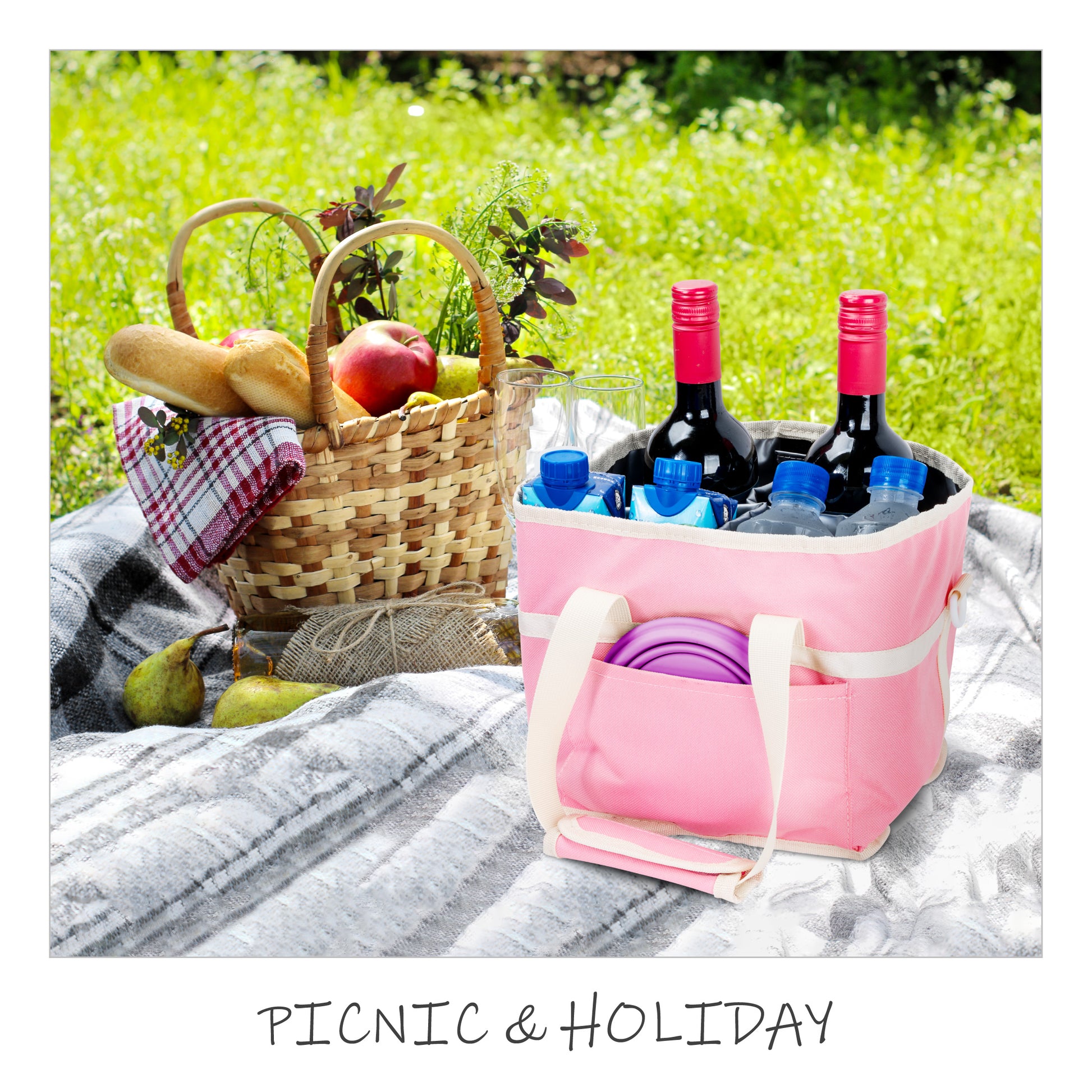 Insulated Drink Carrier Bag with 4 Compartments, Family Size Drink Holder Tote, Leakproof Base, Adjustable Shoulder Strap, Foldable Drink Caddy for Travel, Sports & Outdoor Activities