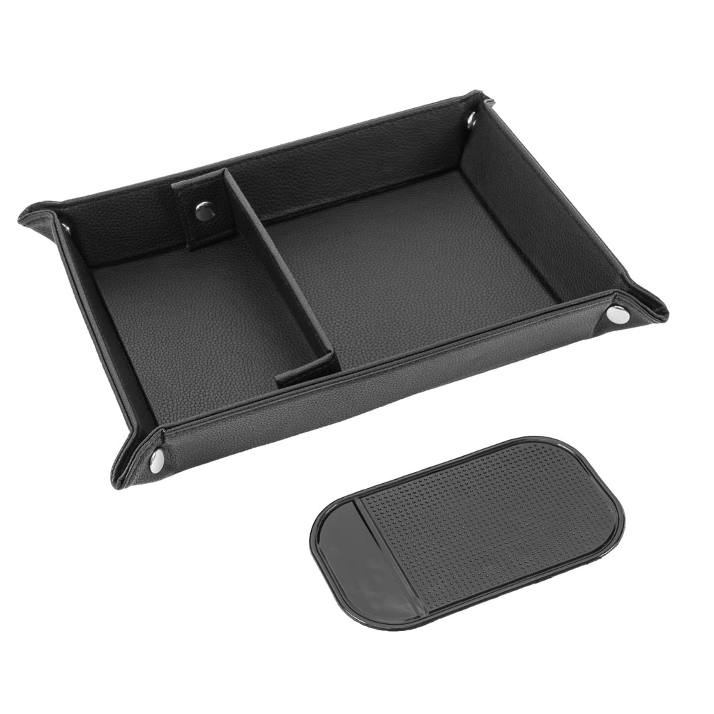 Valet Tray for Men, PU Leather Car Seat Gap Organizer Tray with Divided Compartments for Phone, Wallet, Keys and Sunglasses, Black