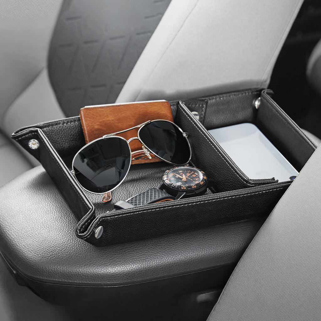 Valet Tray for Men, PU Leather Car Seat Gap Organizer Tray with Divided Compartments for Phone, Wallet, Keys and Sunglasses, Black