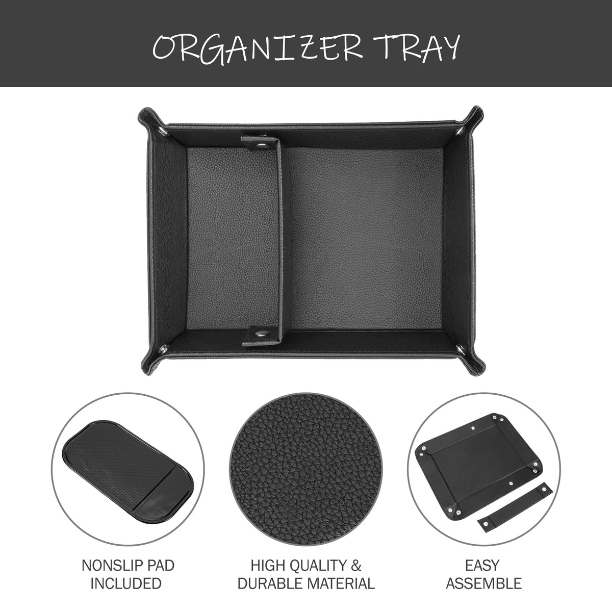 Valet Tray for Men, PU Leather Car Seat Gap Organizer Tray with Divided Compartments for Phone, Wallet, Keys and Sunglasses, Black